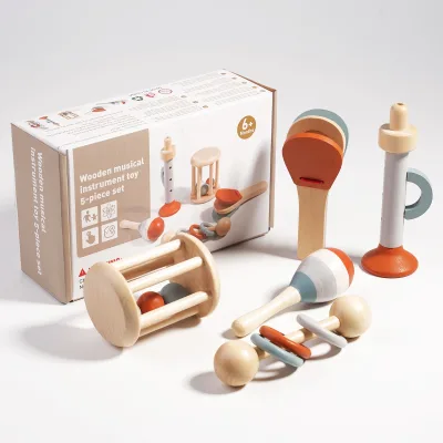 5 Pack Wooden Musical Instruments Montessori Musical Sensory Toys Baby Hand Grasping Soothing Cradle Bell