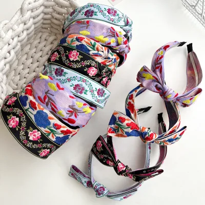 Boho Ethnic Style Flat Hair Hoop Hair Band Trendy Sweet Flower Embroidery Fabric Retro Knotted Bohemian Headbands for Women