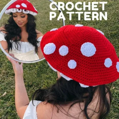 Custom Crochet Mushroom Bucket Hats Adult Size Cottagecore Style Checkered Pattern Daily Party Knit Sun Fisherman Hat for Women