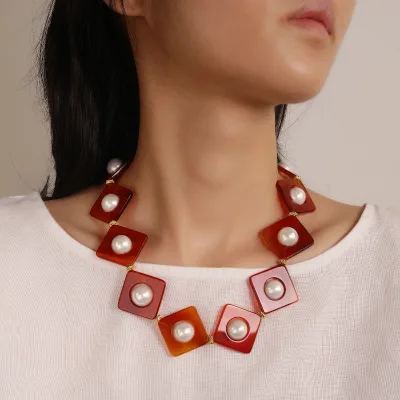 Square Red Agate Shell Pearl Inlay Necklace, Canelian Stone Statement Choker Women Jewelry