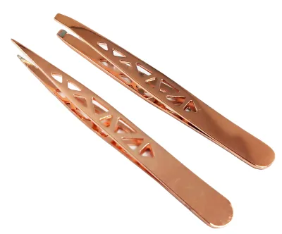 Customized Logo Rose Gold Eyebrow Tweezers Set Slanted and Pointed Eyebrow Tweezers