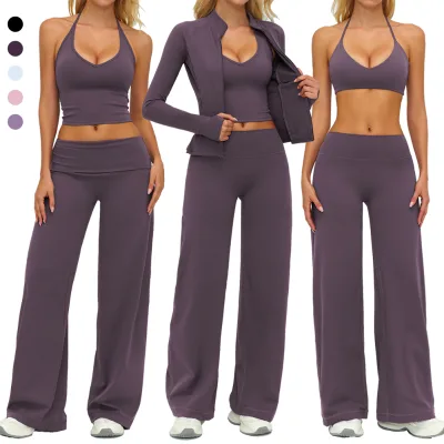 Girls' Jacket Set Oem Women tank Top Sports Bra and Leggings Set Flared Cargo Pants pink Plus Gym Wear