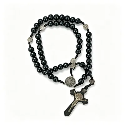 Handmade 10mm Wood Bead Catholic Rosary Saint Benedict Cross Crucifix Pendant Religious Necklace for Faith Souvenir OEM