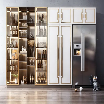 BALOM Premium White Gold Accent Wine Storage Cabinet With Built in Refrigerator Multi Layer Display for Villa Dining Home Bar
