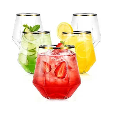 Plastic Stemless Wine Cocktail Whiskey Champagne Glasses 12 oz Gold Rim Disposable Clear Unbreakable Cups for Party