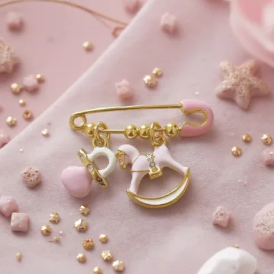 Lovely Gold Plated Baby Pin With Baby Soother Rocking Horse Charms Stroller Pin Good Luck Baby Gift for Baptism