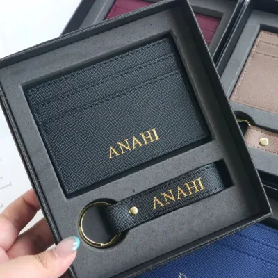 Wholesale Custom Logo Personalized PU Leather Saffiano Texture Card Holder Keychain Corporate Wedding Gift Box Set
