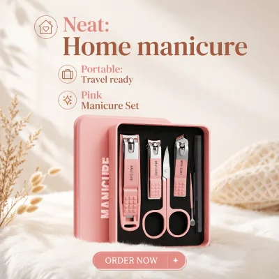 Trending Stylish Pastel Design Reusable 6 Piece Nail Maintenance Kit Pink Scissors Cute Nail Clipper Set
