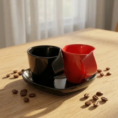Black and Red Color Cups with Heart Shape Dish Wholesale Turkish Coffee Set