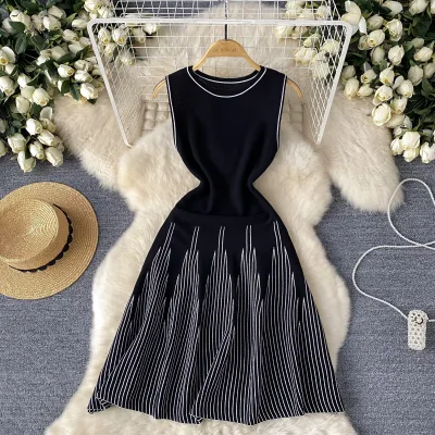 European American Summer Minimalist Sleeveless Crew-neck Striped Viscose Jacquard Knit A-line Dress Women Elastic Waist Contrast