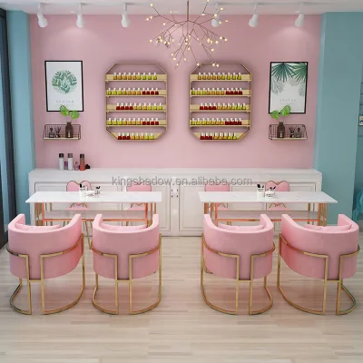 Ins Style Manicure Table with White Marble Table Top Matching with pink Chairs Nail Salon Furniture