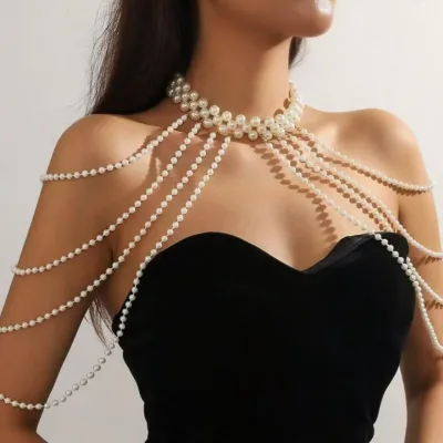 Sexy Western Style Multi Layer Body Chain, Waist Chain for Women, Fashion Runway Faux Pearl Shoulder Chain