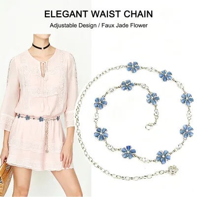 Wholesale Faux Jade Flower Metal Waist Chain Belt Adjustable Rhinestone Link Body Chain for Dress Accessories