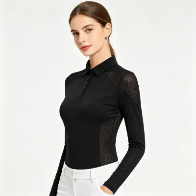 Women's Black Equestrian Mesh Polo Perforated Panel Long Sleeve Show Shirt OEM Custom