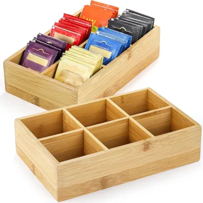 Wooden Tea Box & Bag Holder with 8 Compartments Safe Unfinished Kitchen Storage for Spice Pouches and Sugar Packets