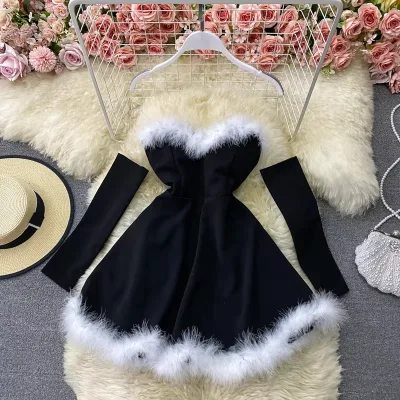 New Fur Patchwork Bodycon Dress With Sleeves Club High Waist Mini Dress
