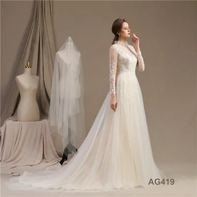 Long Sleeve Hijab Lace Appliqued Islamic Bridal Gowns Arab Wedding Dress Islamic Gown