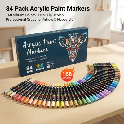 84 Pack Dual Tip Acrylic Marker Kit 168 Vibrant Shades Non-Toxic Quick Dry Pens DIY Layering Blending Art Creation
