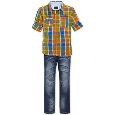 Hot Sale Summer Chic Children's Plaid Shirt Cowboy Pant Sets