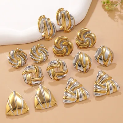 Stainless Steel Geometric Earrings Subtly Luxurious High-End Triangular Spiral Gold-Silver Contrast Design Niche Stylish