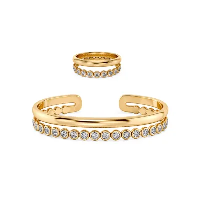 Gemnel 14K Gold Finish 925 Silver Bezel CZ Open Cuff Ring Bangle Set Elegant Stackable Band Jewelry for Daily Wear & Gifting