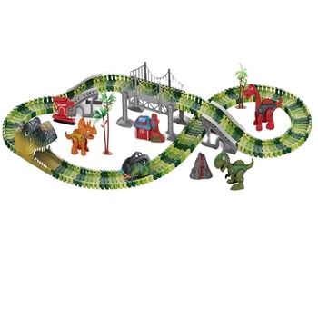 KK 236PCS Create a Dinosaur World Road Race Track,Electric Dinosaur Car Train Dino World Slot Toy Play Set,Dinosaur Racing Track