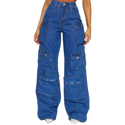 2024 Custom Ladies Baggy Pant High Waist Fashionable Pocket Denim Jeans Oversize Women's Party Cargo Pants Embroidery Whole Sale