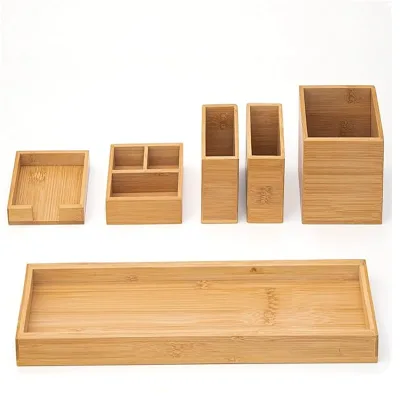 Bamboo Vanity Tray, 6-Piece Bathroom Countertop Vanity Tray Set, Kitchen Desk Organizer and Storage