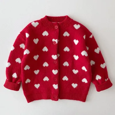 2022 New Design Heart Shaped Children Spring Winter Popular Thick Warm O-Neck Knitted Sweater for Girls Kids