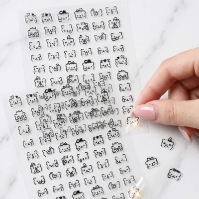 5D Raised Black Line Bear Nail Stickers Cute Cartoon Teddy Multiple Expressions Self Adhesive Minimalist Kawaii Nail Art Decals