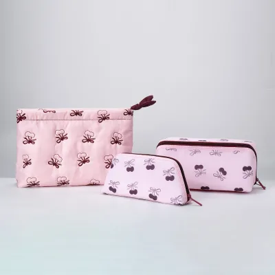 Aesthetic Cherry Cosmetic Bag Gift for Women 3pcs Cute Flat Open Fashion Makeup Pouch Recycled Large Toiletry Kits Custom Logo