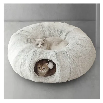 Round Plush Fluffy  Cat Tunnel Bed with Tunnels Indoor Hideout Donut Cat Bed for All Seasons Cat Nest and Cave
