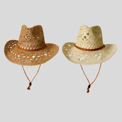 Hot Selling Summer Hollow Out Woven Paper Straw Western Cowboy Hat Vintage Outdoor Traveling Fishing Sun Hat