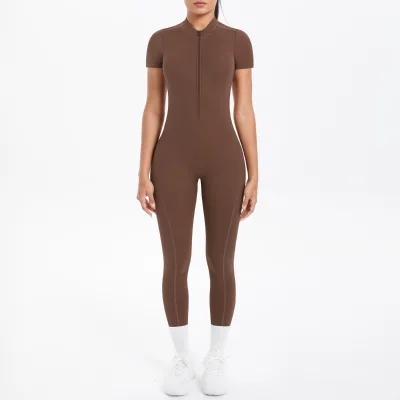 New Cross-border European American-style Tight-fitting Back-enhancing Hollow-out Short-sleeve Seamless Breathable Jumpsuit Long