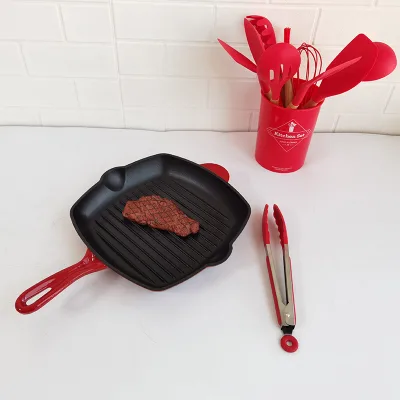 11-Inch Kitchen Square Cast Iron Skillet Grilling Pan Enameled Skillet Steak Pan Grill Pan