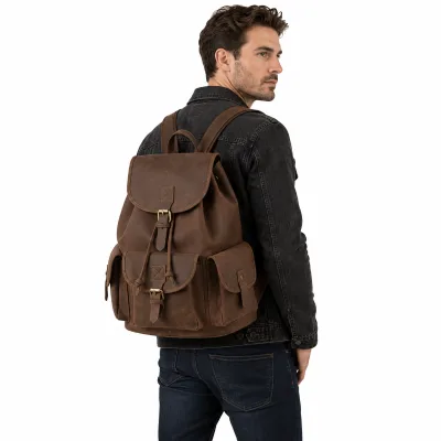 Unisex Genuine Leather Backpack Vintage Crazy Horse Leather Drawstring Rucksack Large Capacity Travel Computer Bag