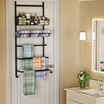 Modern Iron 5-Layer Over-the-Door Hanging Towel Rack with 1-5kg Capacity and Bathroom Storage Shelf for Shower Room Glass Door