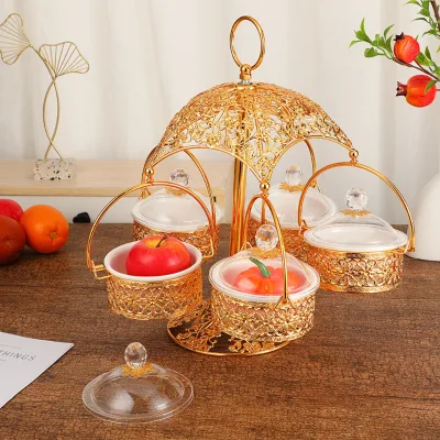 New Arabic Style Golden Metal 6 Pieces Plate With Cover Dried Fruits Serving Dishes for Home Decorations