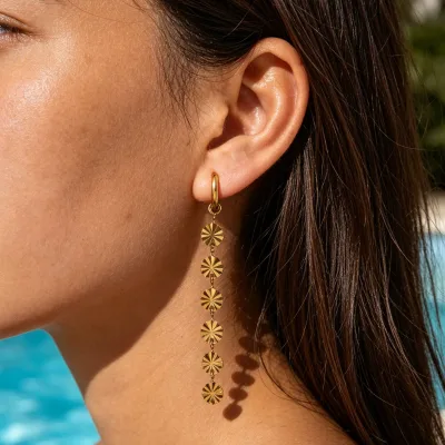 Joolim 18K Gold Plated Wholesale Waterproof Fashion Round Wafer Long Tassel Dangle Huggie Earring Stainless Steel Jewelry
