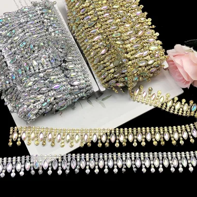 AB Color Horse Eye Rhinestone Trim Tassel Fringe Gold/Silver Crystal Plastic Chain Banding for Ethnic Decorative Clothing Bags