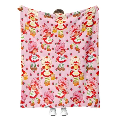 Low Moq Customized Strawberry Shortcakes Plush Blanket High Quality Fleece Flannel Throw Travel Towel Blankets