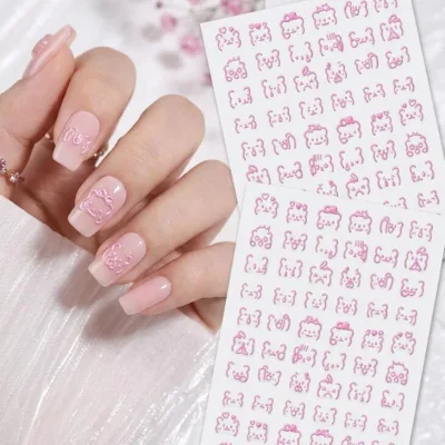 5D Raised Outline Bear Nail Stickers Pastel Pink Purple Cartoon Teddy Bow Self Adhesive Kawaii Coquette Nail Art Decals