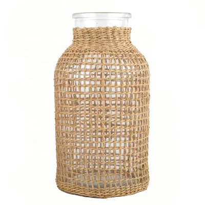 Small Nordic Country Style Rope Net Dry Flower Glass Vase Triangle Straw Nordic Hydroponic Glass Vase for Home Decoration