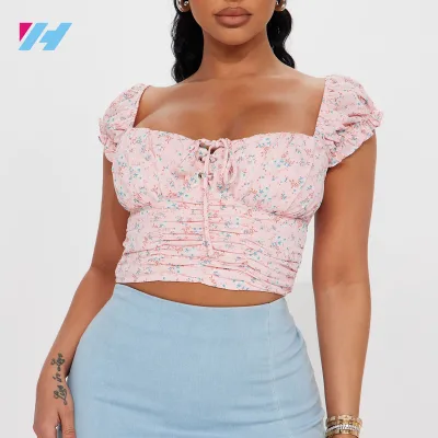 Ladies Y2K Pink Crop Top Summer Print Floral Top for Women