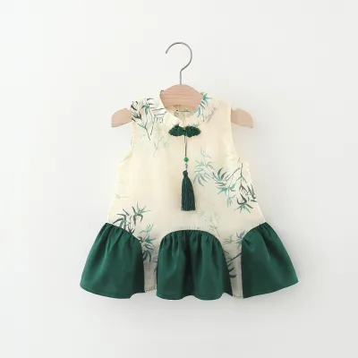 1663 Summer New Girls' Chinese Style Dress Baby Girl Sleeveless Floral Ethnic Style Little Lace Mid-Calf Color Block Tassel Flag