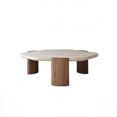 2024 Suessen Wabi-sabi Solid Wood Leg and Natural Stone Desktop Round Coffee Table for Living Room