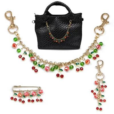 Fashion Alloy Cherry Crystal Beaded Keyring Bag Charm DIY Pendant Purse Hanger Handmade Jewelry Accessory Cute Gift for Girls