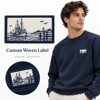 Wholesale Custom Woven Labels Sew on Rectangle Navy Blue Custom Logo for T-Shirts Clothing Apparel and Garment