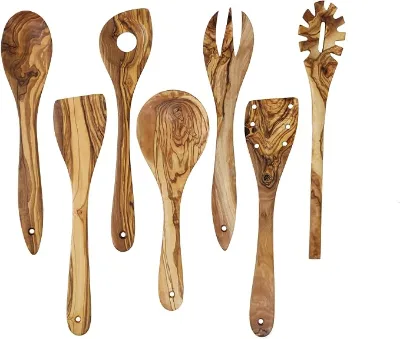 Eco-Friendly Sustainable Kitchen Utensils Set Olive Wood 7-Piece Cooking Spoons and Spatulas with Holder