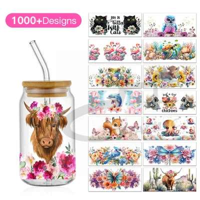 Excellent Price Custom UV DTF Cup Wraps Transfers 16oz Glass Cup No Heat Needed Waterproof for Animals Designs